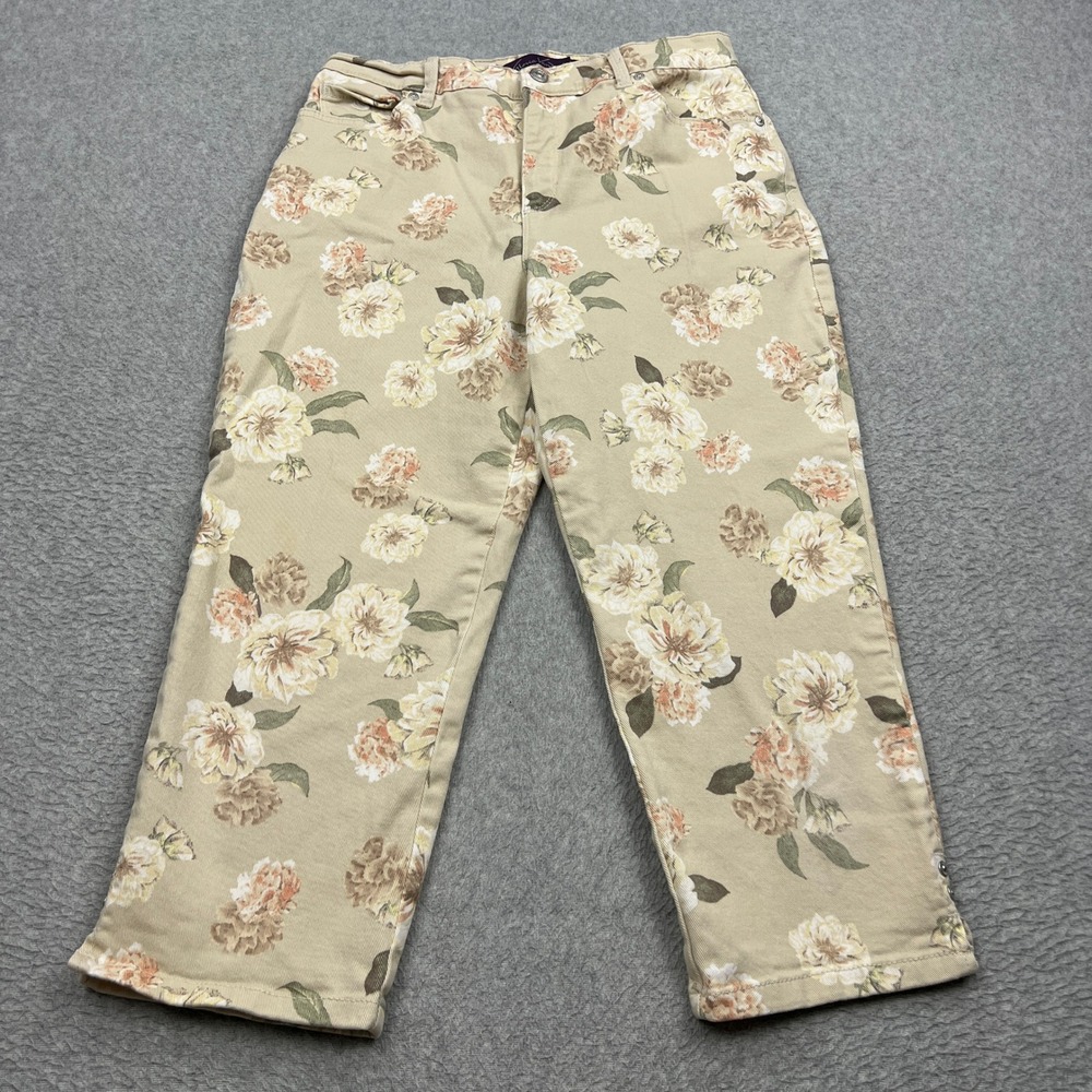 Gloria Vanderbilt Amanda Capri Pants Womens 6 Beige Floral Tapered Stretch Denim